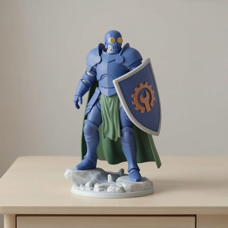 May include: A blue figurine of a knight in armor, holding a shield with a gear emblem. The knight has a green cape and is standing on a rocky base. The figurine is a collectible item.