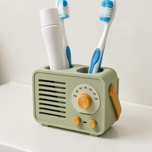 Pocket Radio Toothbrush Holder, Retro Electronic Bathroom Decor, 3D Printed Hand-Painted Sink Organizer image 2