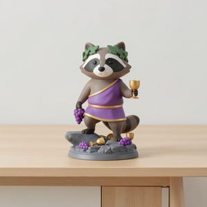 May include: A figurine of a raccoon dressed in a purple toga and a laurel wreath. The raccoon holds a bunch of purple grapes in one hand and a golden goblet in the other. The figurine is on a gray base with grapes and goblets.