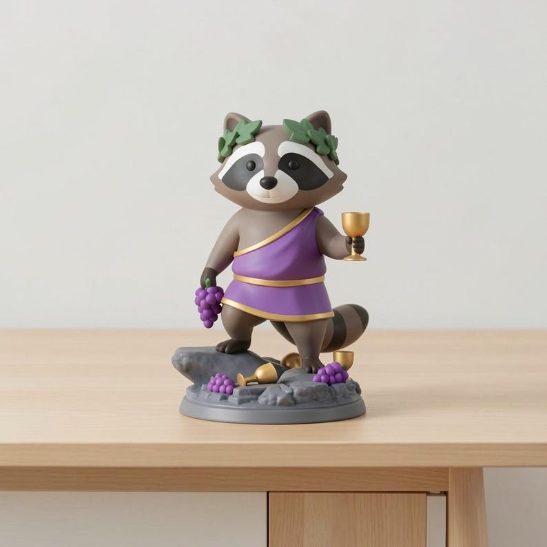 May include: A figurine of a raccoon dressed in a purple toga and a laurel wreath. The raccoon holds a bunch of purple grapes in one hand and a golden goblet in the other. The figurine is on a gray base with grapes and goblets.