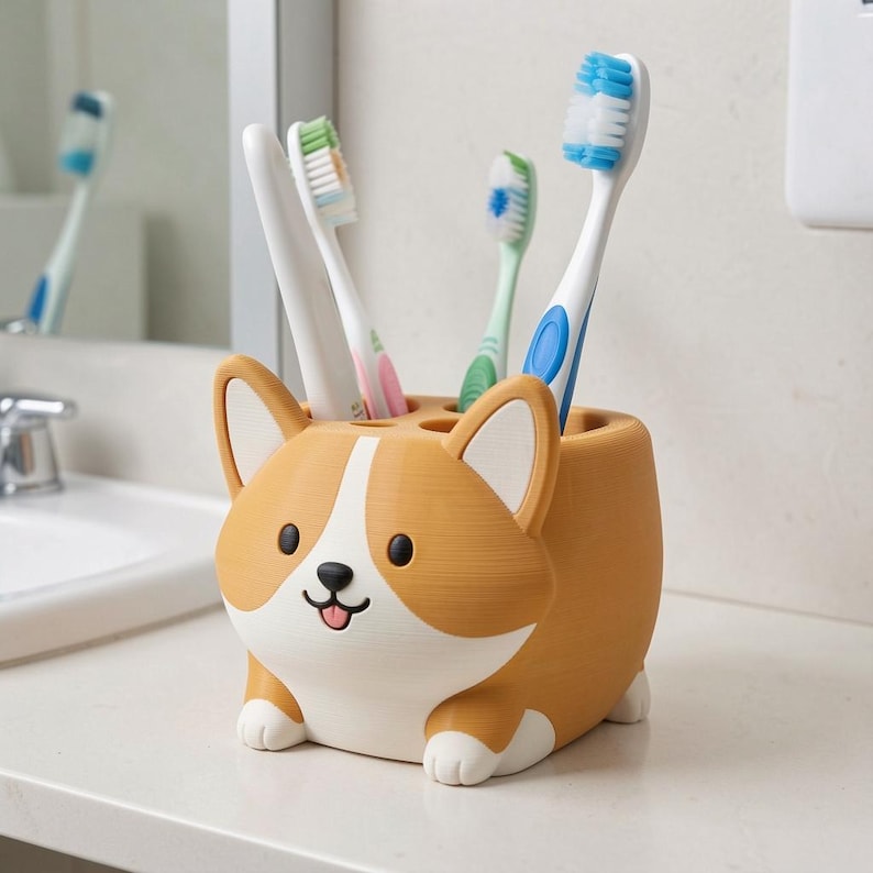 Puede incluir: Un soporte para cepillos de dientes con forma de Corgi en color tostado y blanco, con una nariz negra y una peque&ntilde;a lengua. El soporte tiene cuatro aberturas circulares en la parte superior que contienen cuatro cepillos de dientes con cerdas y mangos azules, verdes y blancos.