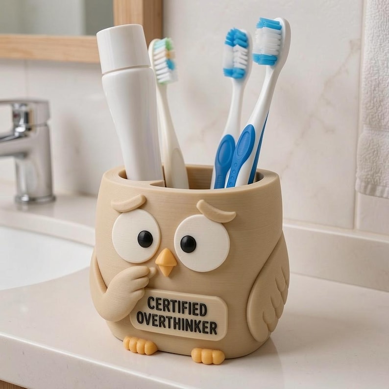 Puede incluir: Un soporte para cepillos de dientes beige con forma de b&uacute;ho y una placa que dice CERTIFIED OVERTHINKER. El soporte contiene un tubo de pasta de dientes blanco y tres cepillos con cerdas azules y blancas. El b&uacute;ho tiene ojos grandes.