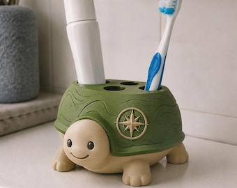 Tiny Cartographer Turtle Toothbrush Holder - Hand-Painted 3D Printed Sea Animal Bathroom Accessory