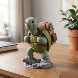 May include: A green and tan turtle figurine with a backpack. The turtle is standing on a gray rock base. The backpack is tan with brown straps and a small pocket. The turtle has a smiling expression and is facing forward.