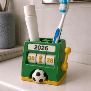 May include: A green and yellow plastic toothbrush holder designed like a slot machine. It features the text 2026, a soccer ball graphic, and a yellow lever on the side. The holder has circular openings for a white tube and a blue and white toothbrush.
