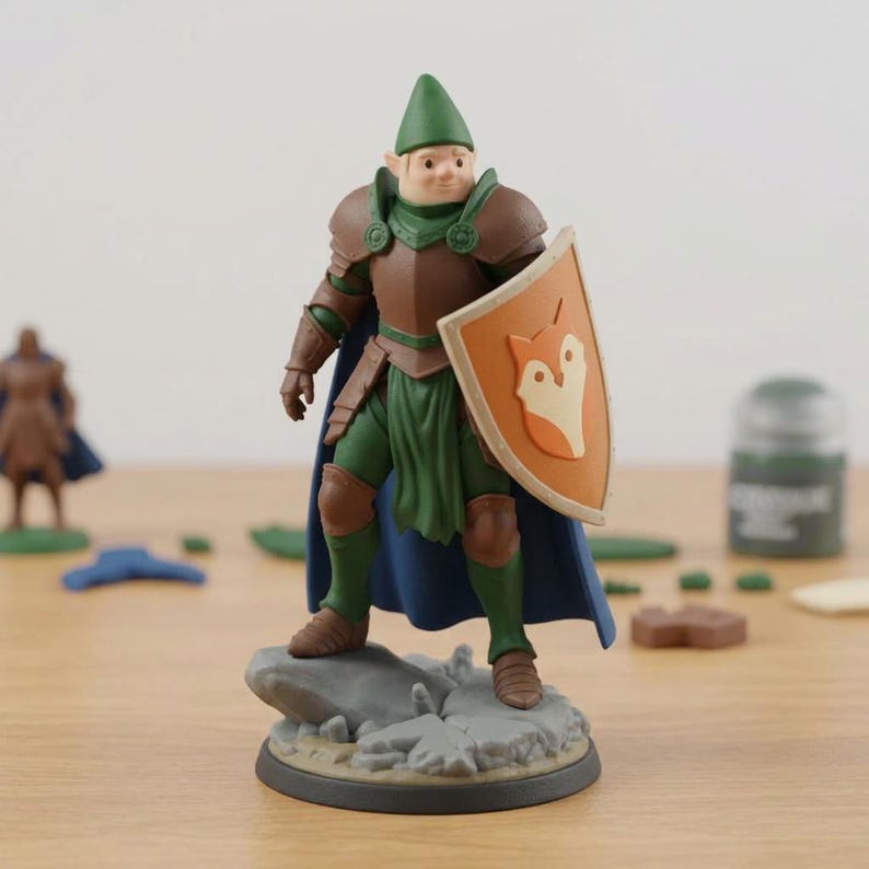 May include: A miniature fantasy figure of a knight, wearing brown and green armor, a blue cape, and a green hat. The figure holds a shield with a fox emblem. The figure stands on a rocky base. A miniature figure is in the background.