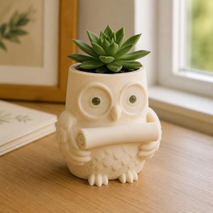 Owl Scroll Keeper Planter, Hand-Painted 3D Printed Succulent Pot, Unique Desk Plant Holder