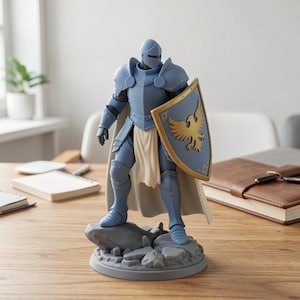 May include: A blue knight figurine with a shield featuring a gold eagle emblem. The knight is wearing detailed armor and a white cape. The figurine is mounted on a gray rocky base, creating a medieval theme.