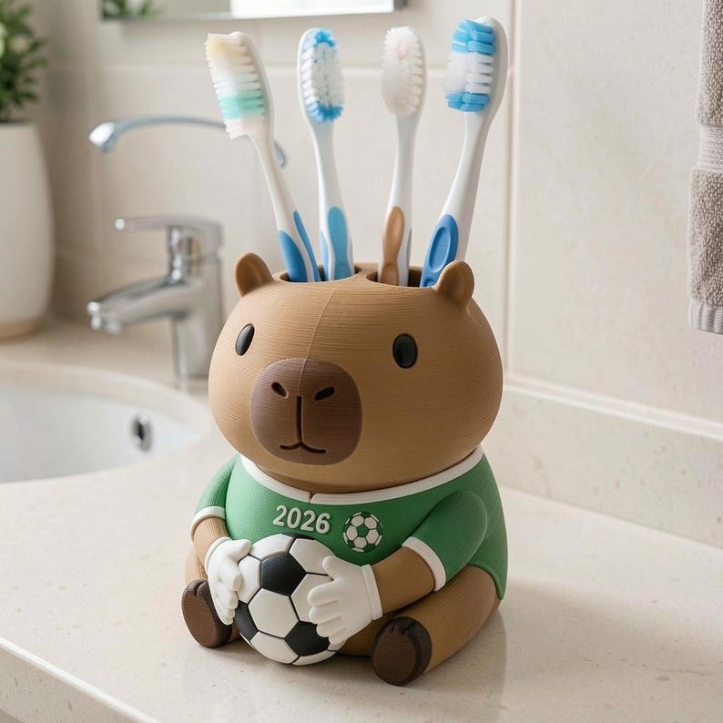 May include: A brown capybara-shaped toothbrush holder wearing a green soccer jersey with the text 2026 and a soccer ball graphic. The capybara holds a black and white soccer ball in its hands, and four toothbrushes are inserted into the top.