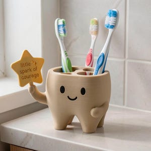 May include: A beige tooth-shaped toothbrush holder with a smiling face, holding a yellow star-shaped sign that reads little spark of courage. The holder contains three toothbrushes with green, pink, and blue accents, standing upright in the top slots.