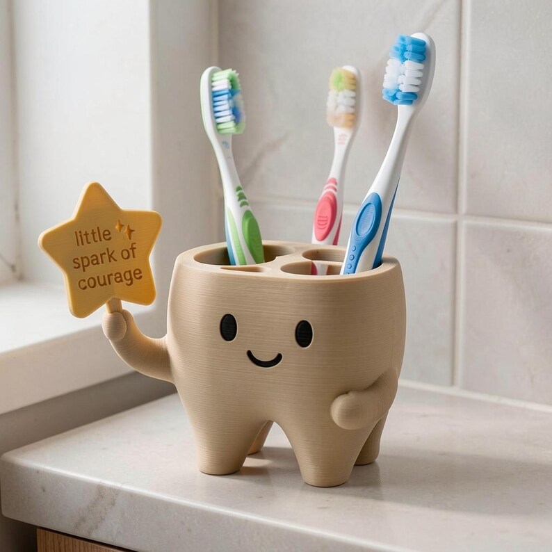 May include: A beige tooth-shaped toothbrush holder with a smiling face, holding a yellow star-shaped sign that reads little spark of courage. The holder contains three toothbrushes with green, pink, and blue accents, standing upright in the top slots.