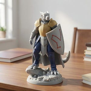 May include: A figurine of a dragon-like creature in armor, holding a shield with a constellation design. The figure is predominantly gray, with gold and blue accents. It stands on a rocky base, suggesting a fantasy theme.