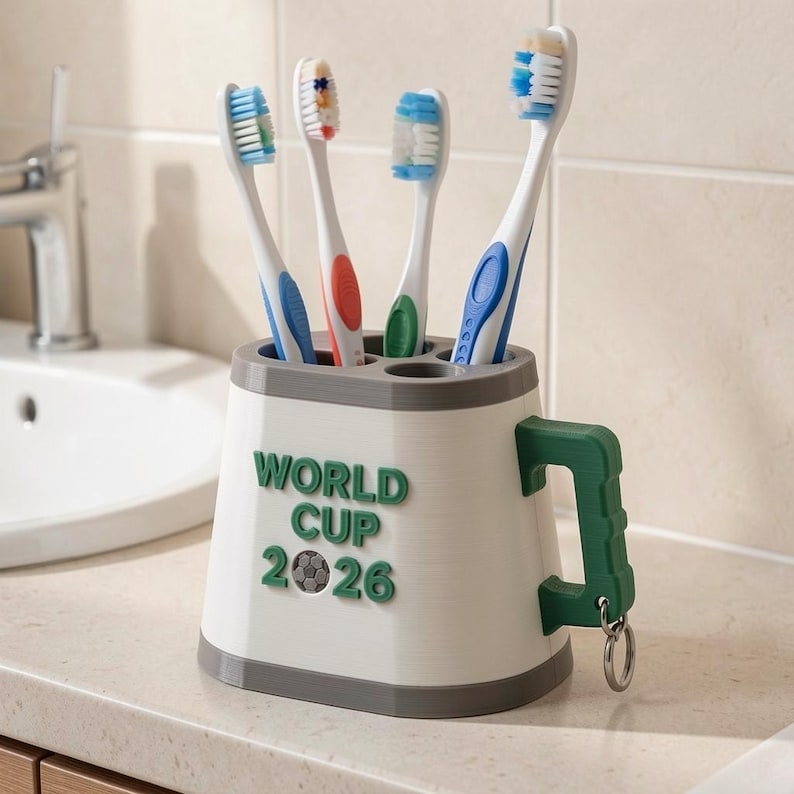 May include: A white and gray toothbrush holder with the text "WORLD CUP 2026" in green. The holder contains four toothbrushes with blue, red, and green accents. A green handle with a key ring is attached to the side.