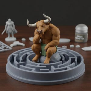 May include: A brown minotaur figure with white horns, resting on a gray rock, sits pensively within a gray maze. The figure wears a green loincloth. Additional miniature figures and a paint bottle labeled "Greek Monster" are in the background.