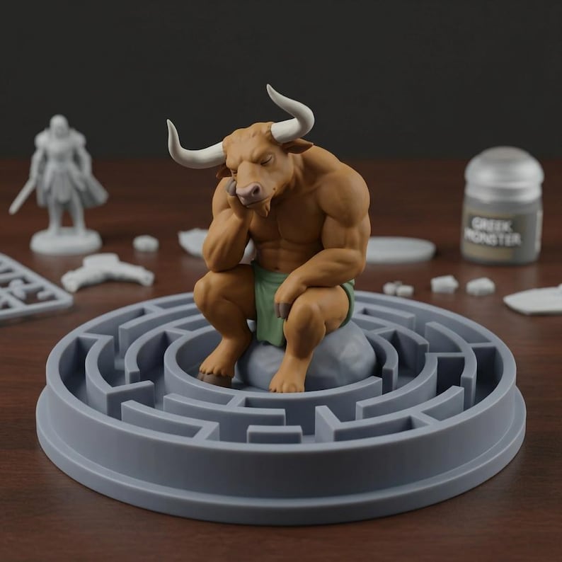 May include: A brown minotaur figure with white horns, resting on a gray rock, sits pensively within a gray maze. The figure wears a green loincloth. Additional miniature figures and a paint bottle labeled "Greek Monster" are in the background.