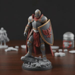 May include: A gray and gold knight figurine with a red cape and shield. The shield features a red bird emblem. The knight is standing on a rocky base. The figurine is likely for tabletop gaming or display.