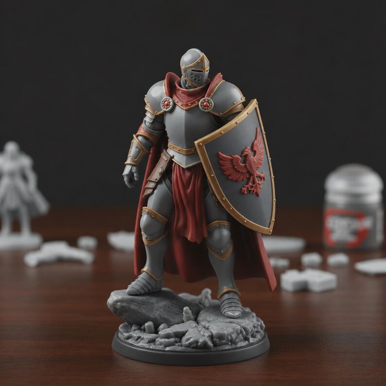 May include: A gray and gold knight figurine with a red cape and shield. The shield features a red bird emblem. The knight is standing on a rocky base. The figurine is likely for tabletop gaming or display.