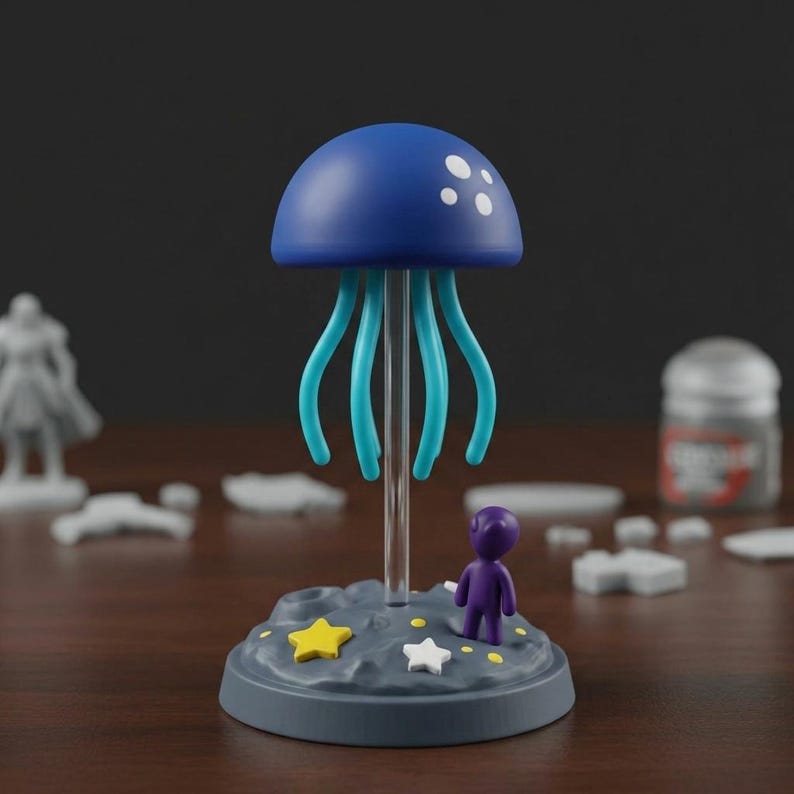 May include: A blue jellyfish figurine with white spots on its dome-shaped head and light blue tentacles. It stands on a gray base with a small purple figure and yellow and white star accents. The figurine is on a wooden surface.