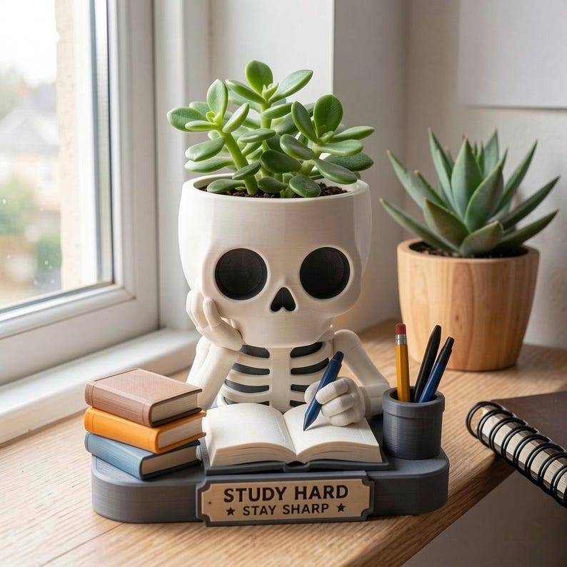 May include: A white skull-shaped planter with a green succulent, featuring a skeleton figure writing in an open book. The base includes a pen holder, three small stacked books, and a plaque with the text "STUDY HARD ★ STAY SHARP ★".
