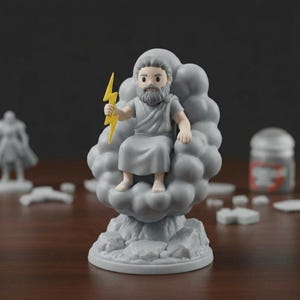 May include: A gray figurine of Zeus, seated on a cloud, holding a yellow lightning bolt. The figurine has a beard and is wearing a toga. The base is a rocky formation. Other figurines and paint are in the background.