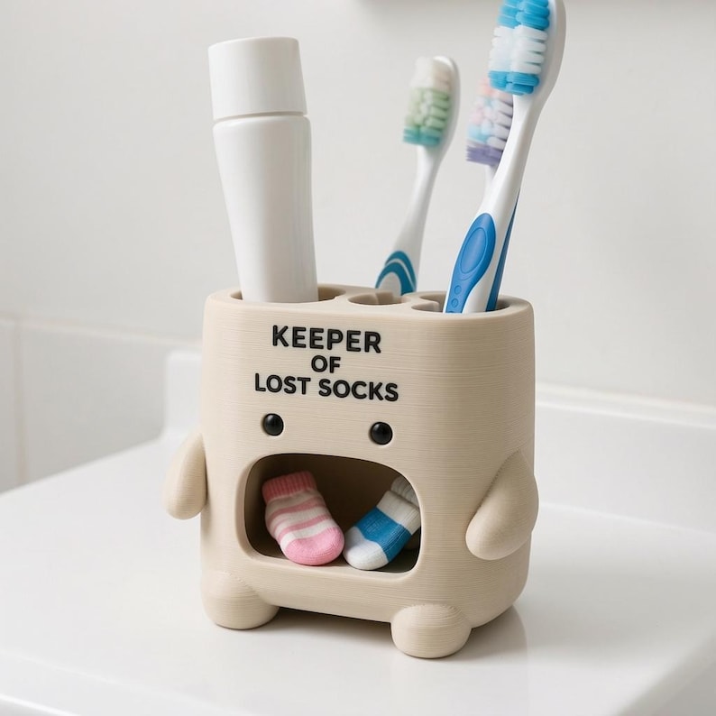 May include: A beige, creature-shaped toothbrush holder with the text KEEPER OF LOST SOCKS printed in black. The holder features two small arms, two black eyes, and a wide mouth containing two miniature socks. It holds a white tube and two toothbrushes.