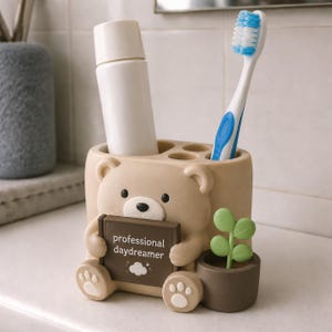 Professional Daydreamer Bear Toothbrush Holder - Hand Painted 3D Printed Bathroom Decor image 1