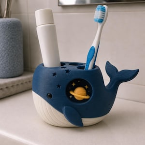 Pocket Galaxy Whale Toothbrush Holder, Hand-Painted 3D Printed Bathroom Organizer image 1