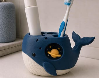 Porta-escovas de dentes Pocket Galaxy Whale, organizador de banheiro impresso em 3D e pintado à mão