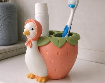 Strawberry Goose Toothbrush Holder, 3D Printed Hand-Painted Bathroom Decor, Whimsical Vanity Organization Accessory