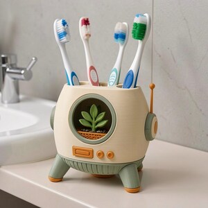 May include: A cream and sage green robot-shaped toothbrush holder with four slots containing toothbrushes with blue, red, white, and green bristles. The front features a circular window displaying a small green plant in a pot and two buttons.