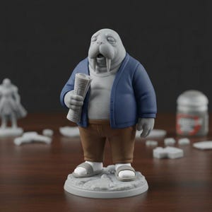 K&ouml;nnte beinhalten: Graue Figur eines Walrosses mit blauer Jacke, brauner Hose und Sandalen, das eine zusammengerollte Zeitung h&auml;lt. Das Walross steht auf einem grauen kreisf&ouml;rmigen Sockel. Weitere Miniaturfiguren und Farbe befinden sich im Hintergrund.
