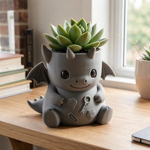 May include: A matte gray dragon-shaped planter featuring a succulent plant. The dragon has small wings, horns, and a tail, with embossed icons of a diamond, a key, a paperclip, and a twenty-sided die on its front. The planter has a smooth finish.
