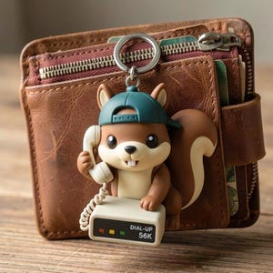 May include: A brown squirrel keychain wearing a teal baseball cap, holding a white telephone handset connected to a beige modem base with the text DIAL-UP 56K printed on the front, attached to a silver metal ring, resting against a brown leather wallet.