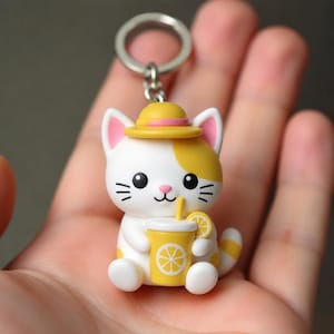 May include: A white and yellow cat keychain featuring a cat wearing a yellow hat with a pink band. The cat is holding a yellow cup with a straw and a lemon slice garnish. The keychain has a silver metal ring attached to the top of the cat's head.