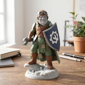 May include: A detailed figurine of a dwarf-like character in a green and brown outfit, holding a wrench and shield. The shield is blue with a white gear symbol. The figure wears a helmet with goggles and stands on a rocky base.