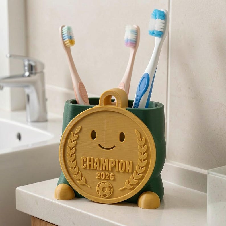 May include: A green toothbrush holder with a gold medal design. The medal has a smiling face, laurel leaves, and the word "CHAMPION" with the year "2026". Three toothbrushes with different colored bristles are inside.