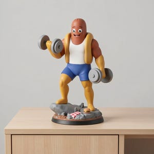 May include: A novelty figurine of a cartoon hot dog lifting dumbbells. The hot dog wears a white tank top, blue shorts, and a yellow life preserver. The figurine stands on a rocky base with a picnic blanket and burger.