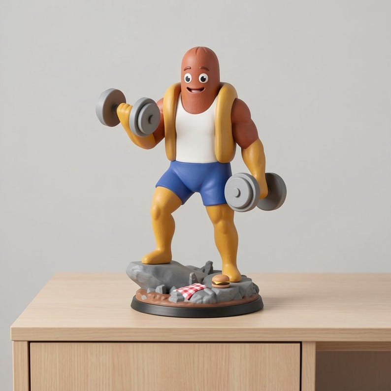 May include: A novelty figurine of a cartoon hot dog lifting dumbbells. The hot dog wears a white tank top, blue shorts, and a yellow life preserver. The figurine stands on a rocky base with a picnic blanket and burger.