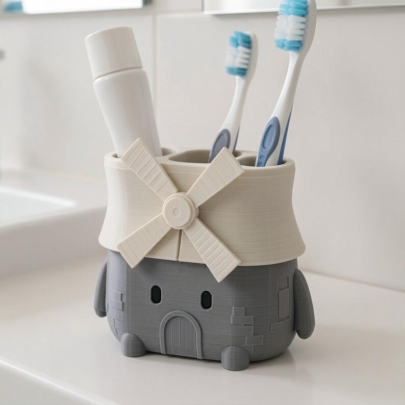 Windmill Valley Guardian 3D Printed Toothbrush Holder, Hand-Painted Whimsical Bathroom Decor, Single Novelty Vanity Organizer image 2