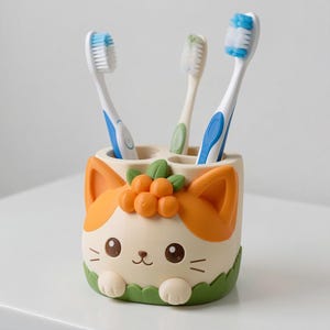 May include: A cream-colored toothbrush holder shaped like a cat with orange ears, a cluster of orange berries on its head, and green leaves at the base. The holder features three circular openings containing two blue and white toothbrushes and one white toothbrush.