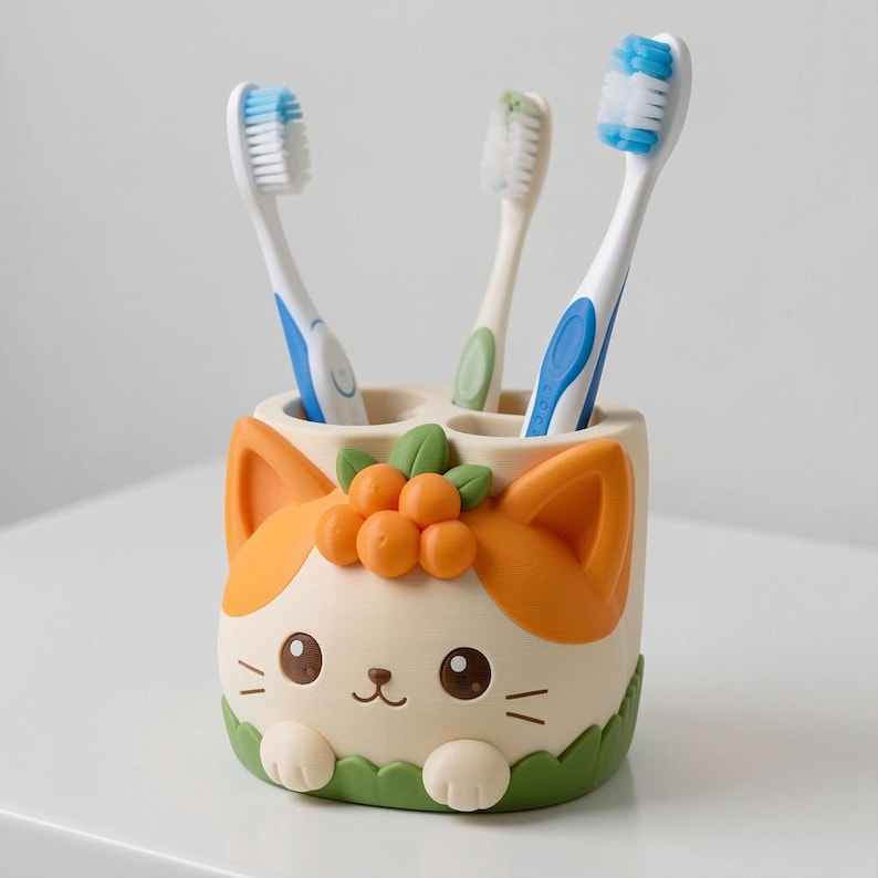 May include: A cream-colored toothbrush holder shaped like a cat with orange ears, a cluster of orange berries on its head, and green leaves at the base. The holder features three circular openings containing two blue and white toothbrushes and one white toothbrush.