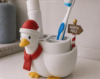 North Pole Goose Toothbrush Holder, Hand Painted 3D Printed Holiday Bathroom Decor