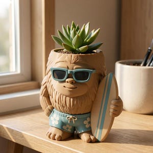 May include: A tan, textured planter shaped like a furry creature wearing light blue sunglasses and blue swim trunks with a white floral pattern. The creature holds a light blue and tan surfboard, and a green succulent plant grows from its head.