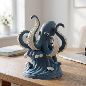 Op de afbeelding: Een blauwe octopus sculptuur met witgepunte tentakels, bovenop een gestileerde golf. De octopus is diepblauw en de golf heeft een lichtere blauwtint. De sculptuur is gemaakt van een glad materiaal en is waarschijnlijk een decoratief item.