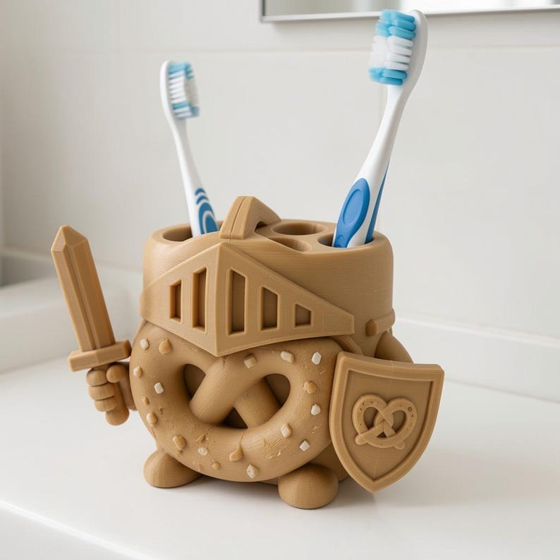 May include: A tan, pretzel-shaped toothbrush holder designed like a knight, featuring a helmet visor, a sword held in one hand, and a shield with a pretzel emblem. The holder has multiple circular openings for toothbrushes and stands on small feet.