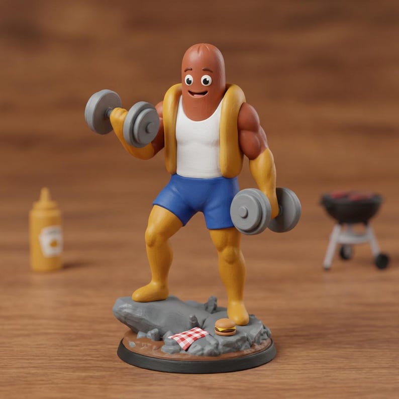 May include: A novelty figurine of a muscular hot dog character lifting weights. The figure is wearing a white tank top, blue shorts, and a yellow bun. A small grill, mustard bottle, and a hamburger are in the background.