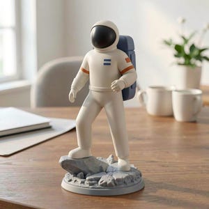 May include: A cream-colored astronaut figurine with a black visor and blue backpack stands on a gray rocky base. The astronaut has orange accents on the arms and a blue stripe on the chest. The figurine is on a wooden surface.