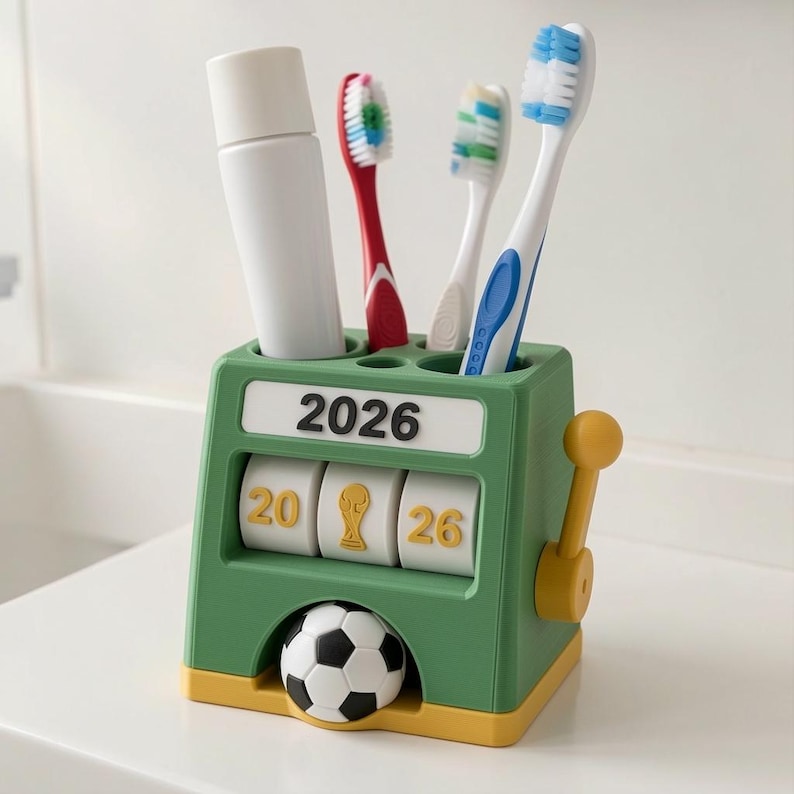 May include: A green and yellow toothbrush holder shaped like a slot machine with a yellow lever on the side. It features the text 2026, a soccer ball graphic, and three white rotating drums displaying 20, a trophy icon, and 26.