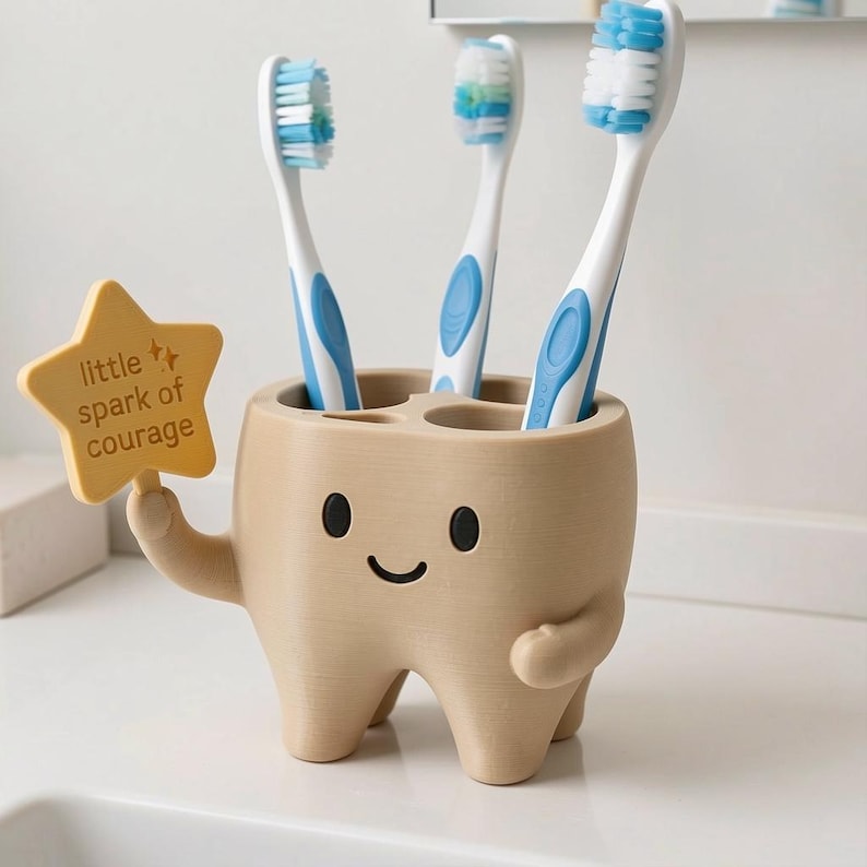 May include: A beige tooth-shaped toothbrush holder with a smiling face, holding a yellow star-shaped sign that reads little spark of courage. The holder contains three white and blue toothbrushes with blue bristles, standing upright in the slots.
