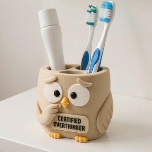 Puede incluir: Un soporte para cepillos de dientes beige con forma de b&uacute;ho y un letrero que dice CERTIFIED OVERTHINKER. El soporte contiene un tubo blanco y dos cepillos de dientes con cerdas azules y verdes. El b&uacute;ho tiene ojos blancos y pico amarillo.